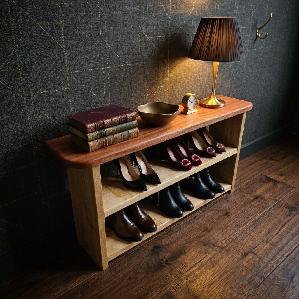 OAK & Sapele Shoe rack Bench 100% solid,Handcrafted, 27mm Thick, Hallway storage