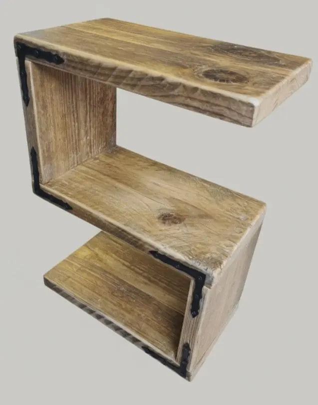 Rustic S Shaped Side table/shelving unit from reclaimed timber, Handcrafted